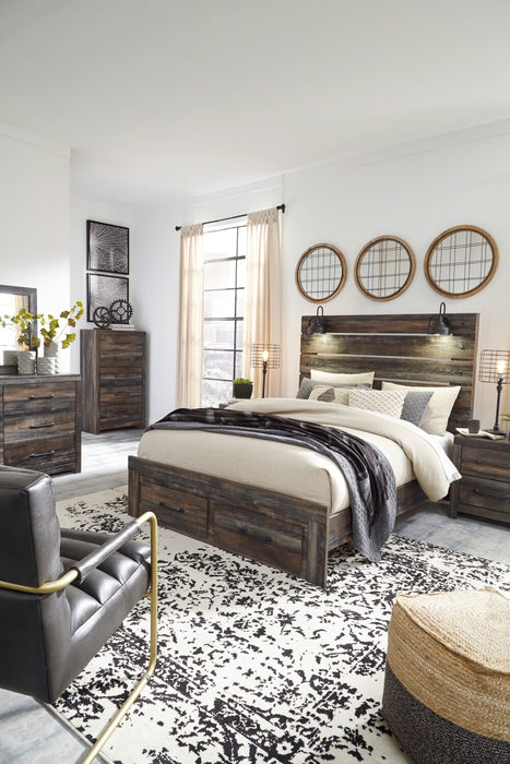 Ensemble de chambre à coucher Abby 6 pièces avec lit de rangement, commode, miroir, table de nuit, lumière DEL et port USB, brun - format grand lit