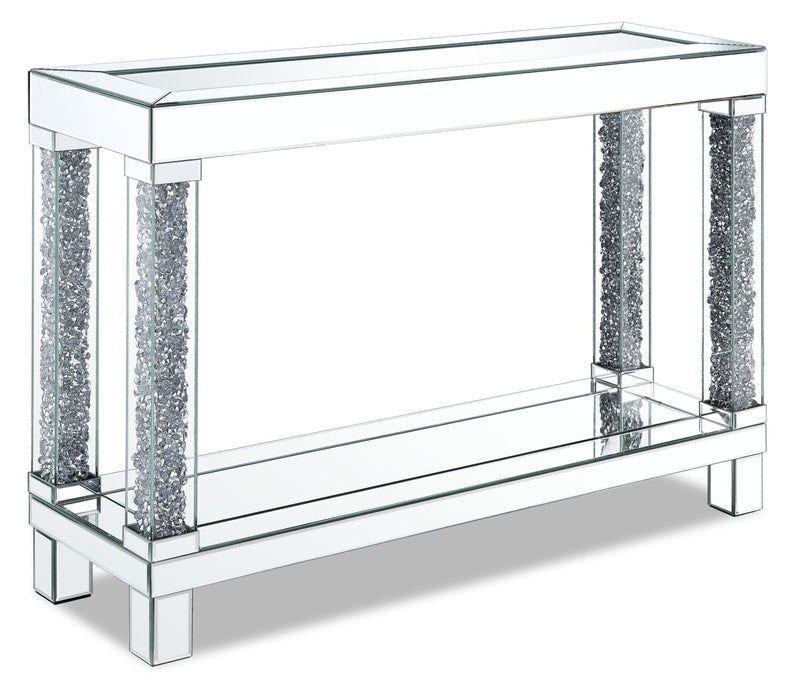 Table de salon somptueuse Berni de 47,4 po avec dessus en miroir et en verre et tablette - métal argenté avec pattes à apparence de diamant