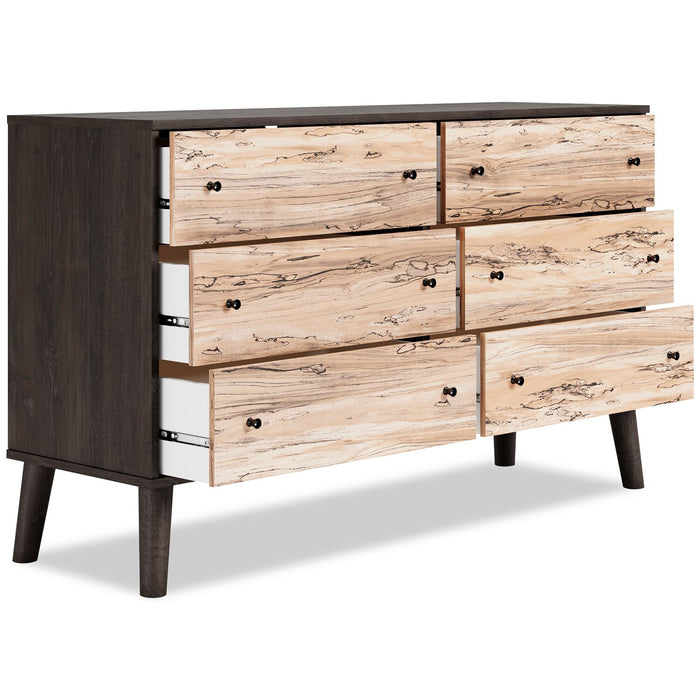 Commode moderne du milieu du 20e siècle Wolf de 59 po (L) x 33,9 po (H) à 6 tiroirs pour la chambre à coucher - deux teintes, brun et naturel