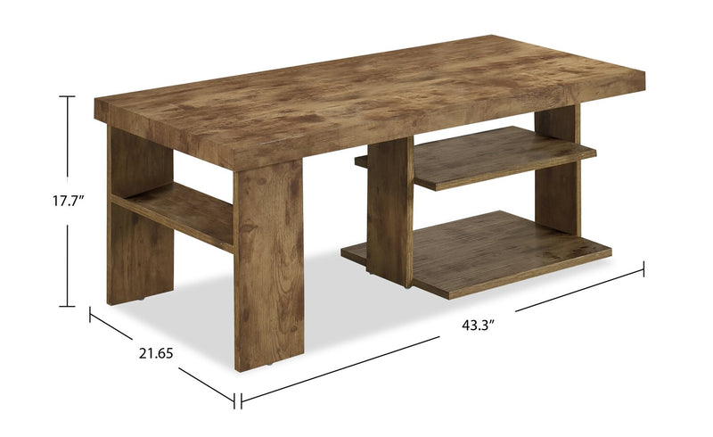 Table à café rustique Devon de 43,3 po avec tablette - bois au fini pin clair