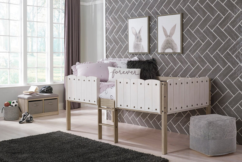 Lit mezzanine Ryan avec garde-corps et échelle pour enfants, blanc et naturel - format lit simple