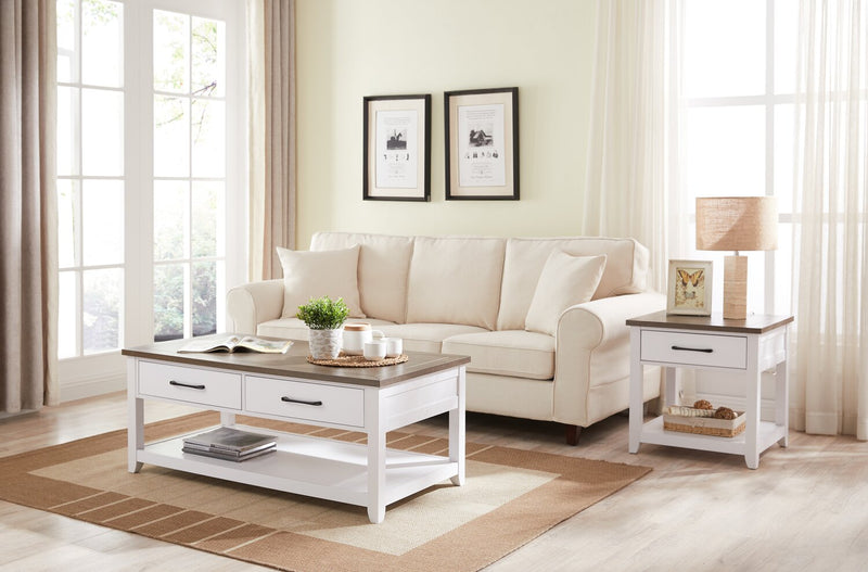 Table à café traditionnelle Logan de Kort & Co. de 23,25 po avec rangement et tablette - blanche et chêne noyer