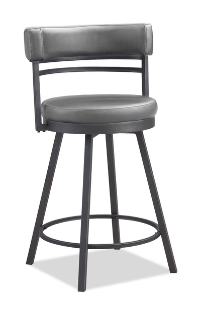 Mila Counter-Height Stool with Swivel Seat & Vegan Leather Fabric, 25"H, Metal - Grey | Tabouret 25 po bar Mila en tissu de cuir végétalien et en métal avec siège pivotant - gris