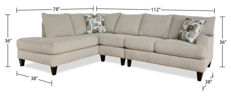 Sofa sectionnel de gauche Nofia 3 pièces fabriqué au Canada en tissu de chenille avec coussins décoratifs et pattes en bois - beige lin