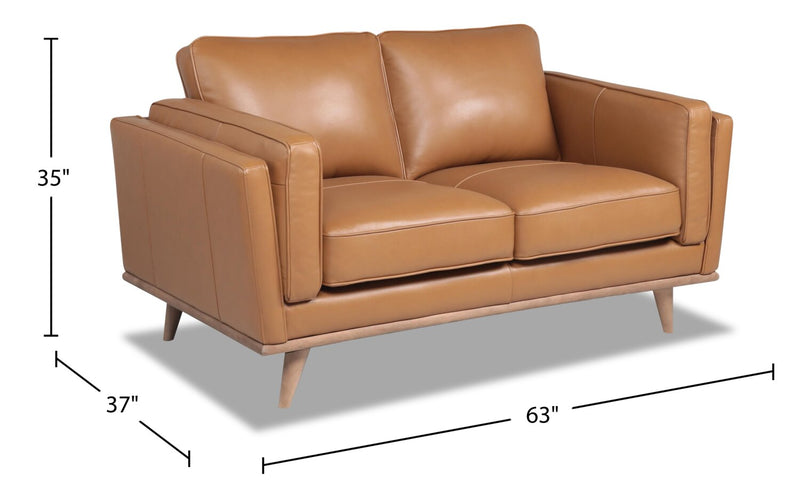 Causeuse Vivia de 63 po en cuir véritable avec coussins de siège amovibles et pattes en bois - brun caramel