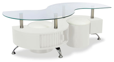 Savon 52.5" Modern S-shaped 3-Pack Coffee + 2 Ottomans with Storage and Shelf - White Wood and Chrome |Ensemble 3 articles modernes en forme de S Savon de 52,5 po (table à café et 2 poufs) avec rangement et tablette - bois blanc et chrome