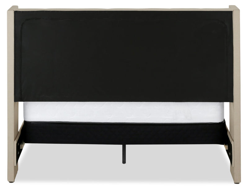 Lit rembourré Zara en tissu d’apparence lin beige avec capitonnage à boutons - format grand lit