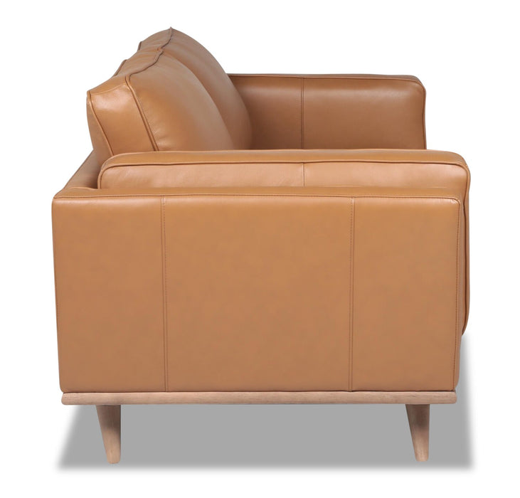 Causeuse Vivia de 63 po en cuir véritable avec coussins de siège amovibles et pattes en bois - brun caramel
