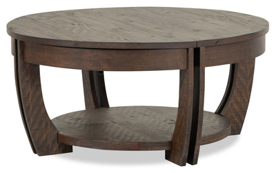 Lyndale 38" Traditional Round Lift Top Coffee Table with Storage and Shelf - Brown Pine|Table à café ronde traditionnelle Lyndale de 38 po avec dessus relevable, rangement et tablette - pin brun