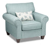 Fauteuil Scarlett de 41,5 po fabriqué au Canada en tissu de chenille avec accoudoirs enroulés et coussin décoratif - bleu marine