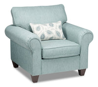 Fauteuil Scarlett de 41,5 po fabriqué au Canada en tissu de chenille avec accoudoirs enroulés et coussin décoratif - bleu marine