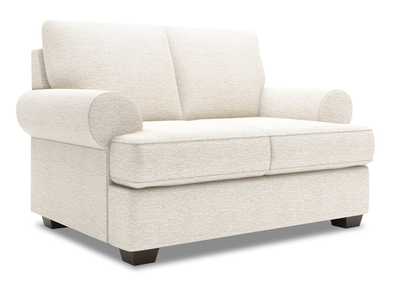 Causeuse personnalisable Roll de Sofa Lab de 64 po fabriquée au Canada en tissu d’apparence lin avec accoudoirs enroulés - beige Luxury Sand