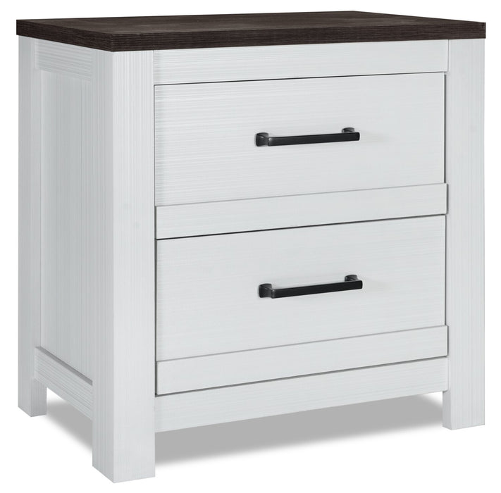 Ensemble de chambre à coucher Zoey 6 pièces avec lit, commode, miroir et table de nuit, deux teintes, blanc et brun - format grand lit