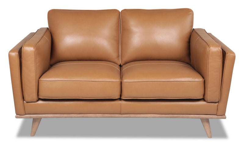 Causeuse Vivia de 63 po en cuir véritable avec coussins de siège amovibles et pattes en bois - brun caramel