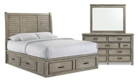 Ensemble de chambre à coucher Levi 5 pièces en bois avec lit de rangement, commode et miroir, gris bois de grève - format grand lit