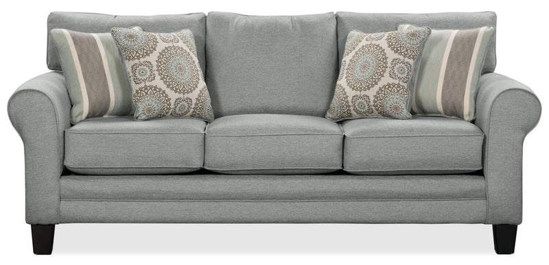Sofa Tula de 88 po fabriqué au Canada en tissu avec accoudoirs enroulés et coussins décoratifs - gris brume