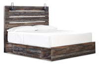 Lit plateforme de rangement latéral Abby avec éclairage à DEL et ports USB, brun - format très grand…