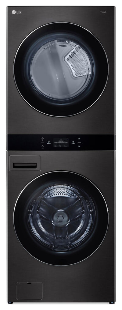 LG 5.8 Washer/7.4 Dryer Cu. Ft. Front-Load High-Efficiency Steam Washtower™ - Black Steel - WKEX300H… | Tour de lavage WashTowerMC à la vapeur haute efficacité LG à chargement frontal avec laveuse de 5,8 …