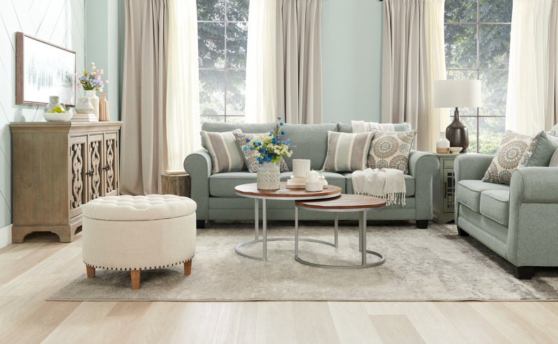 Sofa Tula de 88 po fabriqué au Canada en tissu avec accoudoirs enroulés et coussins décoratifs - gris brume