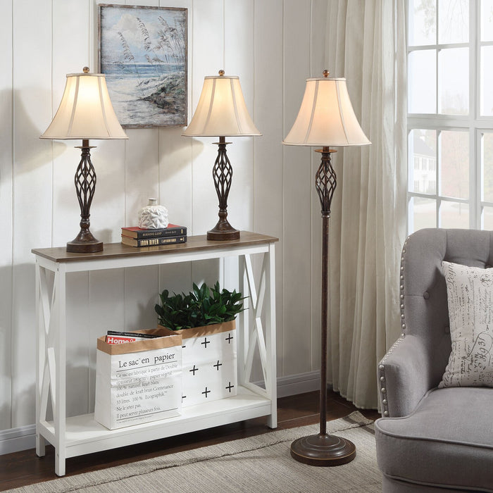 Ensemble 3 lampes Fiona traditionnelles bronze antique, 2 lampes de table et 1 lampe à pied