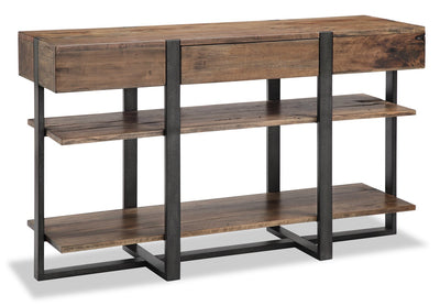 Manchester 54" Modern Sofa Table with Storage and Shelf - Brown Wood with Iron Base|Table de salon moderne Manchester de 54 po avec rangement et tablette - bois brun avec base en fer