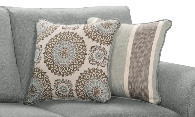 Sofa Tula de 88 po fabriqué au Canada en tissu avec accoudoirs enroulés et coussins décoratifs - gris brume