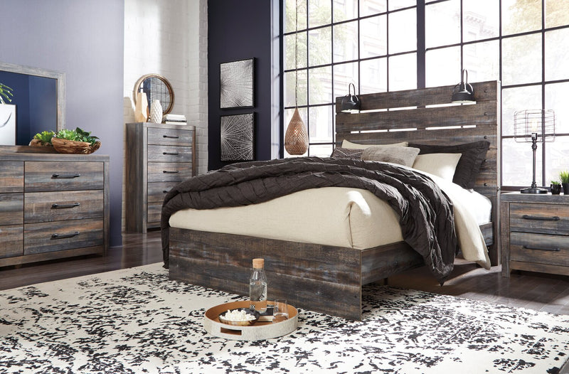 Ensemble de chambre à coucher Abby 6 pièces avec lit à panneau, commode, miroir, table de nuit, lumière DEL et port USB, brun - format grand lit
