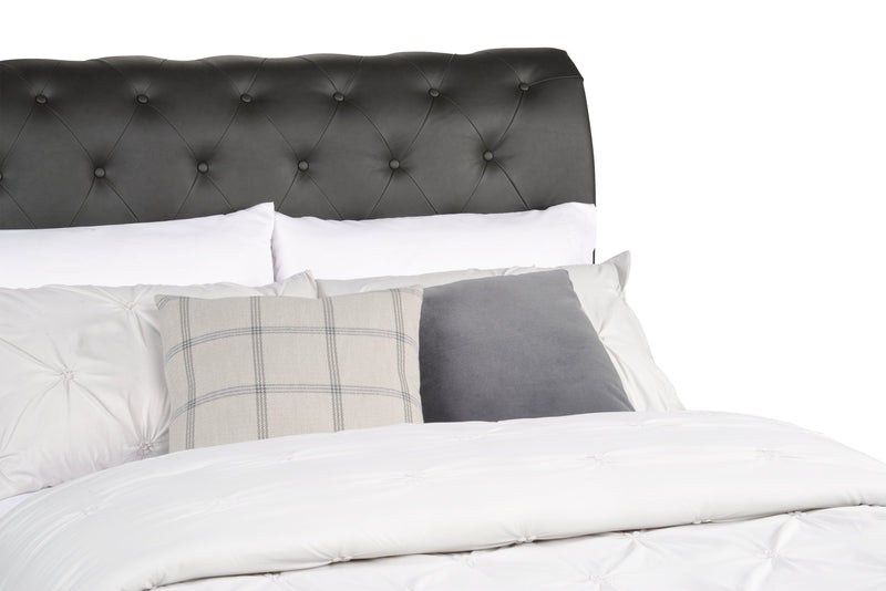 Lit plateforme rembourré Tulsa en tissu de cuir végétalien gris avec capitonnage à boutons - format lit double