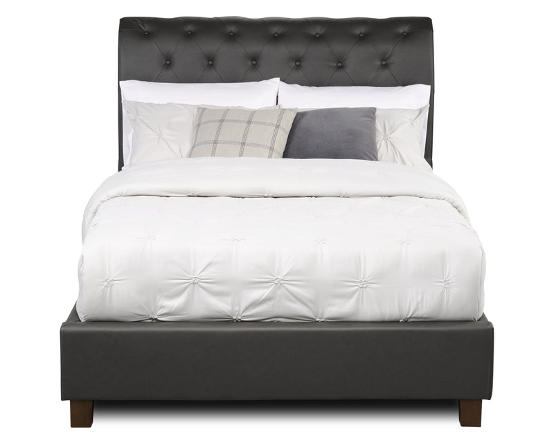 Lit plateforme rembourré Tulsa en tissu de cuir végétalien gris avec capitonnage à boutons - format lit double