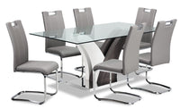Ensemble de salle à manger Tuxedo 7 pièces avec table de 72 po (L), dessus en verre, base piédestal et 6 chaises - gris