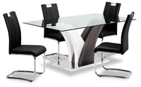 Ensemble de salle à manger Tuxedo 5 pièces avec table de 72 po (L), dessus en verre, base piédestal et 4 chaises - noir