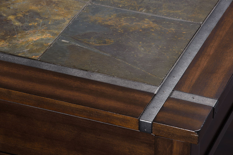 Table à café rustique Roanoke de 50 po avec dessus relevable, rangement et tablette - bois cerisier foncé et incrustation d’ardoise