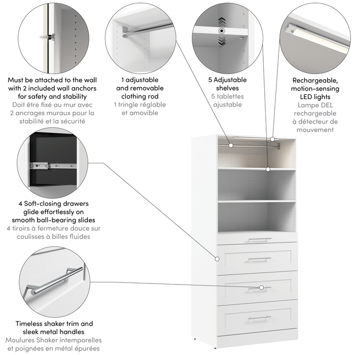 Système de garde-robe et pièce-penderie modulaire Florence de Bestar de 35 po avec éclairage à DEL et rangement - blanc
