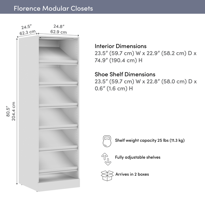 Système de garde-robe modulaire Florence de Bestar de 25 po avec tablette pour chaussures et éclairage à DEL - blanc
