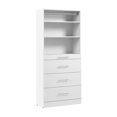 Bestar Florence 36" Modular Reach-In/Walk-In Closet System Tower with Shelves and 4 Drawers Slab Style - White|Système de tour garde-robe et pièce-penderie modulaire Florence de Bestar de 36 po avec tablettes et 4 tiroirs de style lisse - blanche