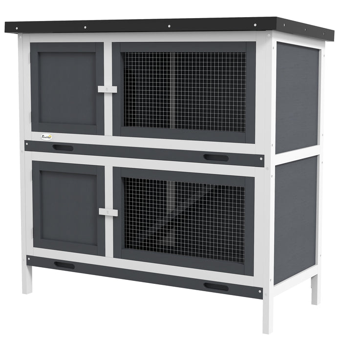 Pawhut Clapier En Bois Pour Lapins, Habitat Pour Petits Animaux Avec Rampe, Plateau Amovible Et Toit Resistant Aux Intemperies, Interieur/exterieur, Gris