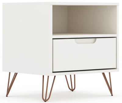 Manhattan Comfort Rockefeller Mid-Century Modern Nightstand with Drawer - White|Table de nuit Rockefeller de Manhattan Comfort de style moderne du milieu du 20e siècle avec tiroir - blanche