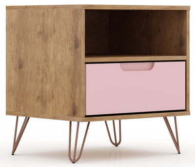 Manhattan Comfort Rockefeller Mid-Century Modern Nightstand with Drawer - Natural & Rose Pink|Table de nuit Rockefeller de Manhattan Comfort de style moderne du milieu du 20e siècle avec tiroir - naturelle et rose