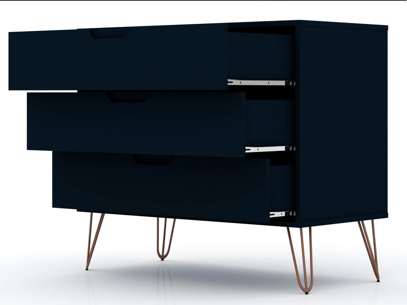 Commode Rockefeller de Manhattan Comfort de style moderne du milieu du 20e siècle avec 3 tiroirs - bleu minuit Tatiana