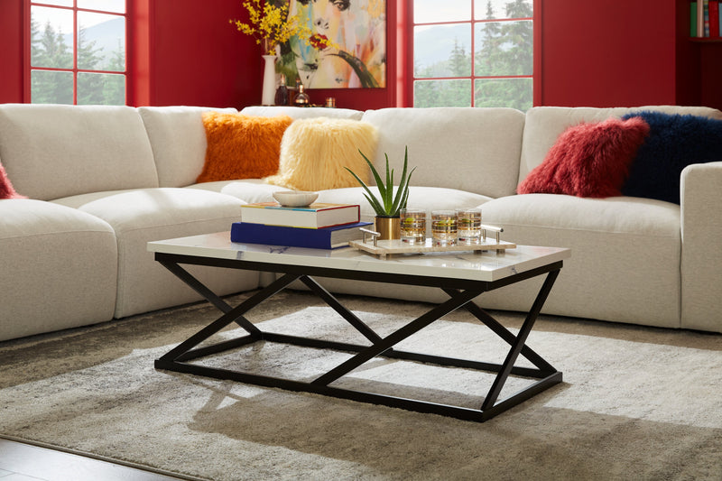 Table à café moderne Verona de 47,25 po - imitation de marbre blanc avec base en métal noir