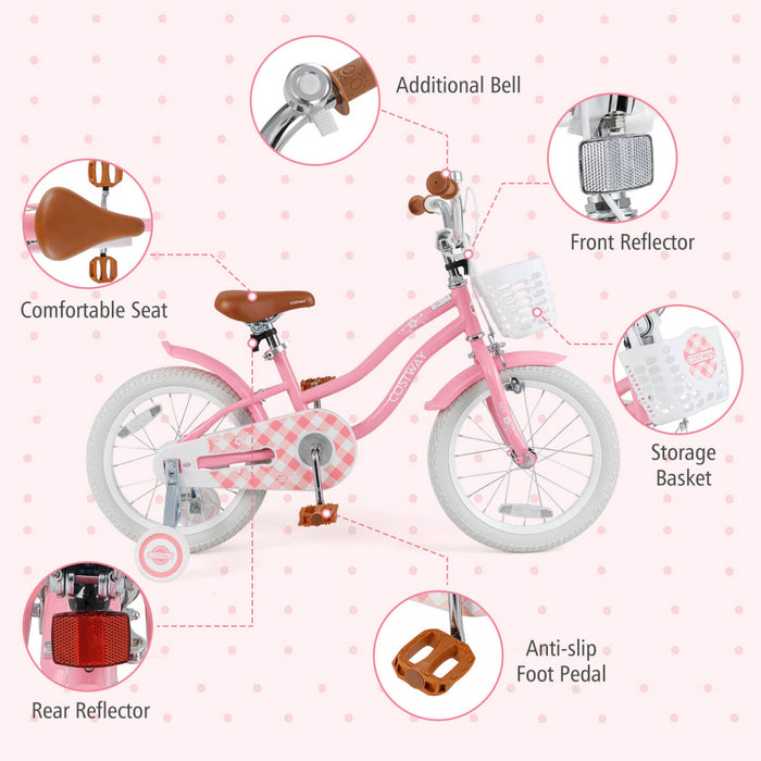 Costway 16\" Enfants Velo Tout-petit Velo Reglable Avec Roue D'entrainement Pour 4-7 Ans Fille Rose
