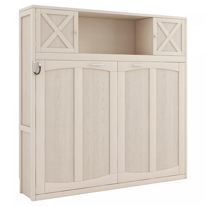 Lit escamotable Ethan en bois massif avec armoires de rangement, taille queen, beige