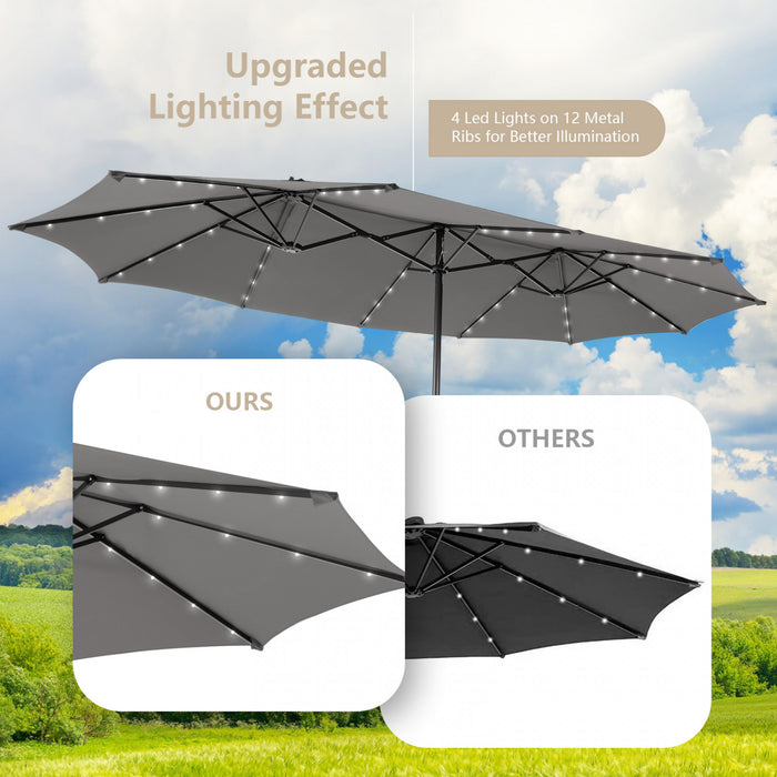 Parasol de marche Costway de 15 pieds double face, solaire LED, manivelle, 36 lumieres, base grise
