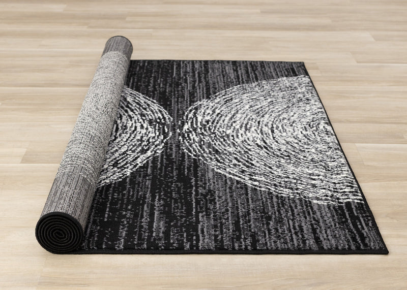 Tapis Florence noir, gris et blanc a motif d'anneaux d'arbre, 5'3\" x 7'4\"
