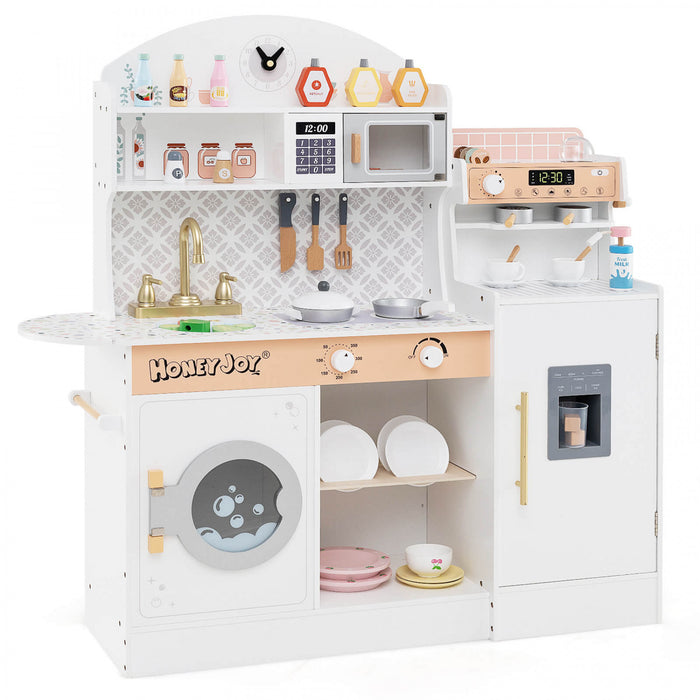 Honeyjoy Jeu De Cuisine Pour Enfants Jeu De Cuisine En Bois Avec Horloge, Micro-ondes, Evier, Plateau Blanc