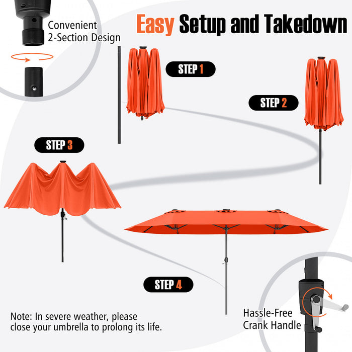 Costway Parasol de patio extra-large de 15,5 pieds avec lumieres solaires LED et 12 baleines robustes orange