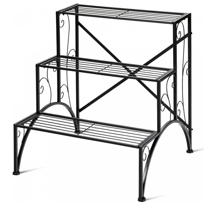Support Pour Plantes En Metal 3 Niveaux, Support Pour Pots De Fleurs Avec 3 Etageres Ouvertes, Pieds Antiderapants Et Structure Metallique Robuste, Support Decoratif Pour Plantes Pour Jardin, Balcon, Terrasse, Montage Facile