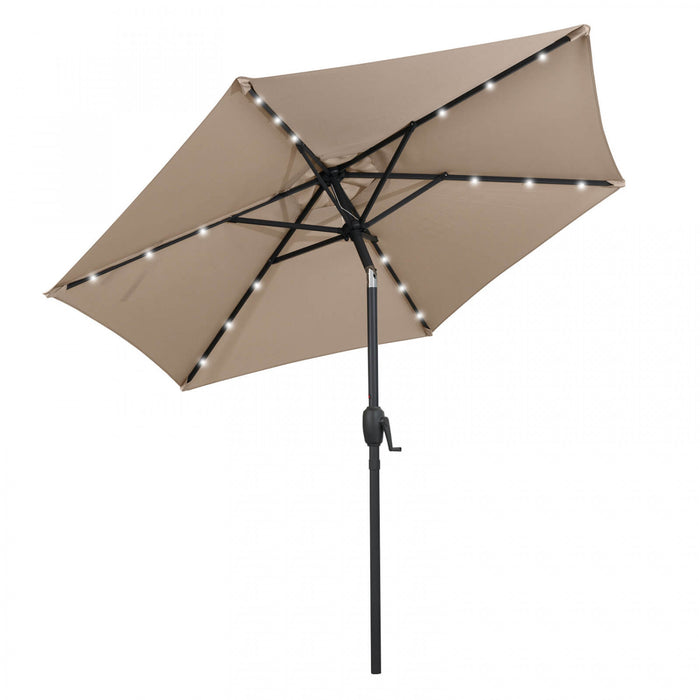 Parasol solaire Costway 7,5 ft avec lumieres LED, inclinaison par bouton-poussoir, manivelle, marron