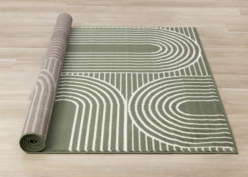 Tapis Florence vert et blanc a motifs geometriques modernes en arches, 6'7\" x 9'6\"