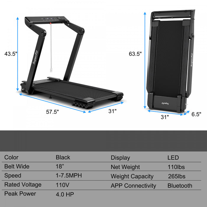 Superfit 4.0hp Pliable Electrique Tapis Roulant Machine De Jogging W / Bluetooth Noir